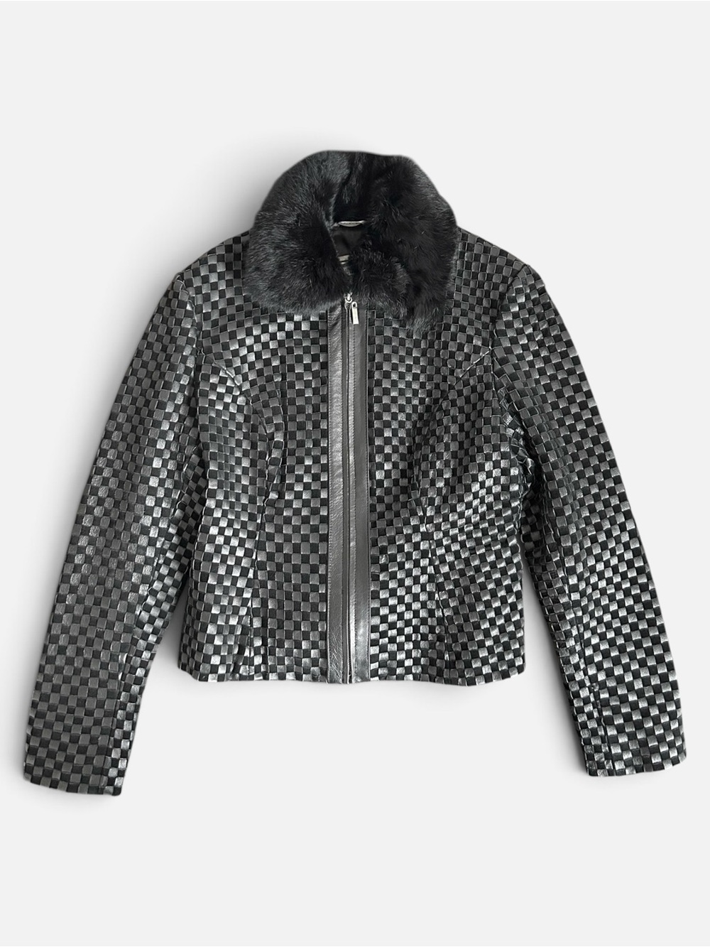 Marvin Richards Vintage Woven Leather Jacket Rabbit Fur Collar Size Medium
